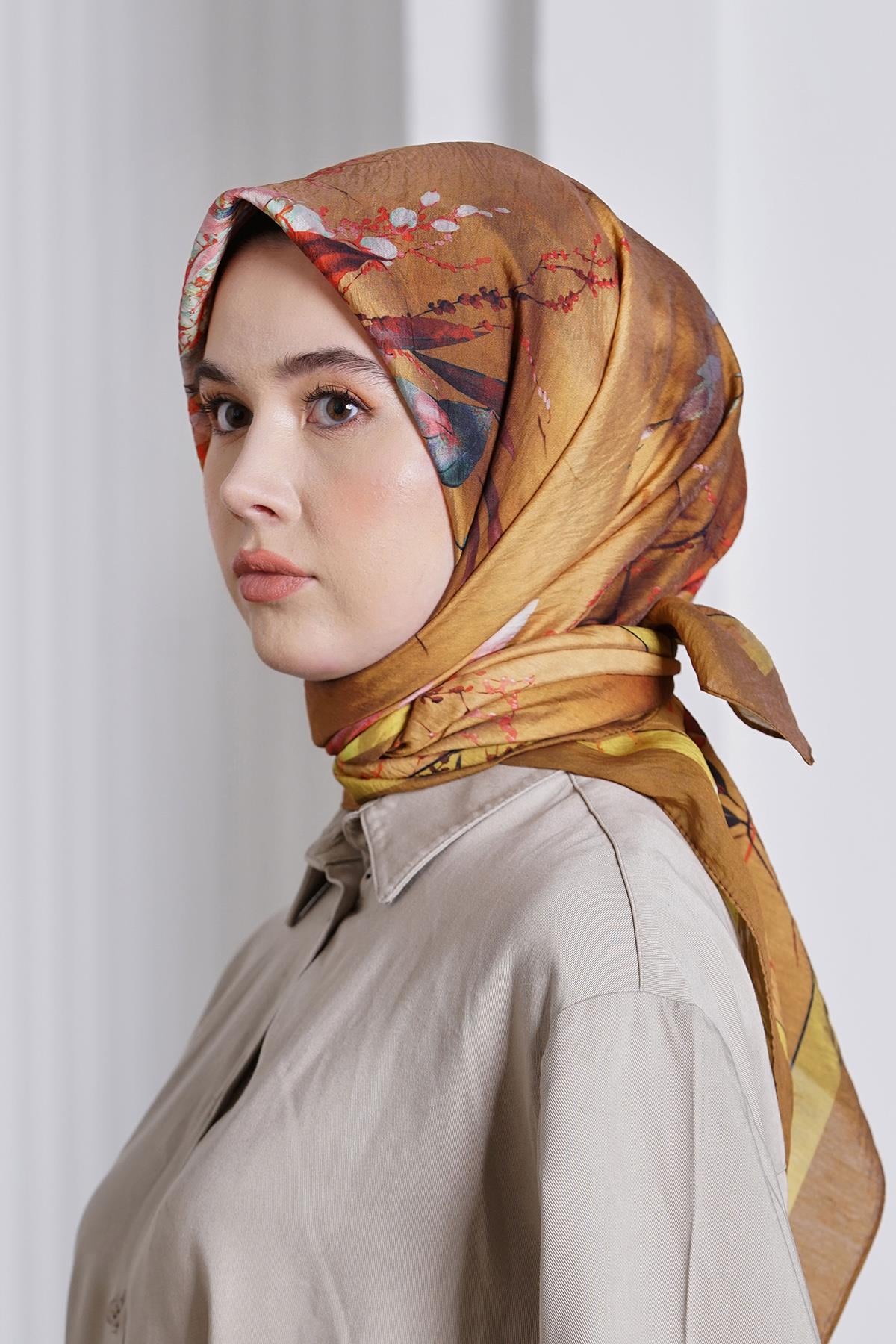 Loryan Scarf Diamond Eşarp - Diamond Flor İpeksi Eşarp 4297 Hardal