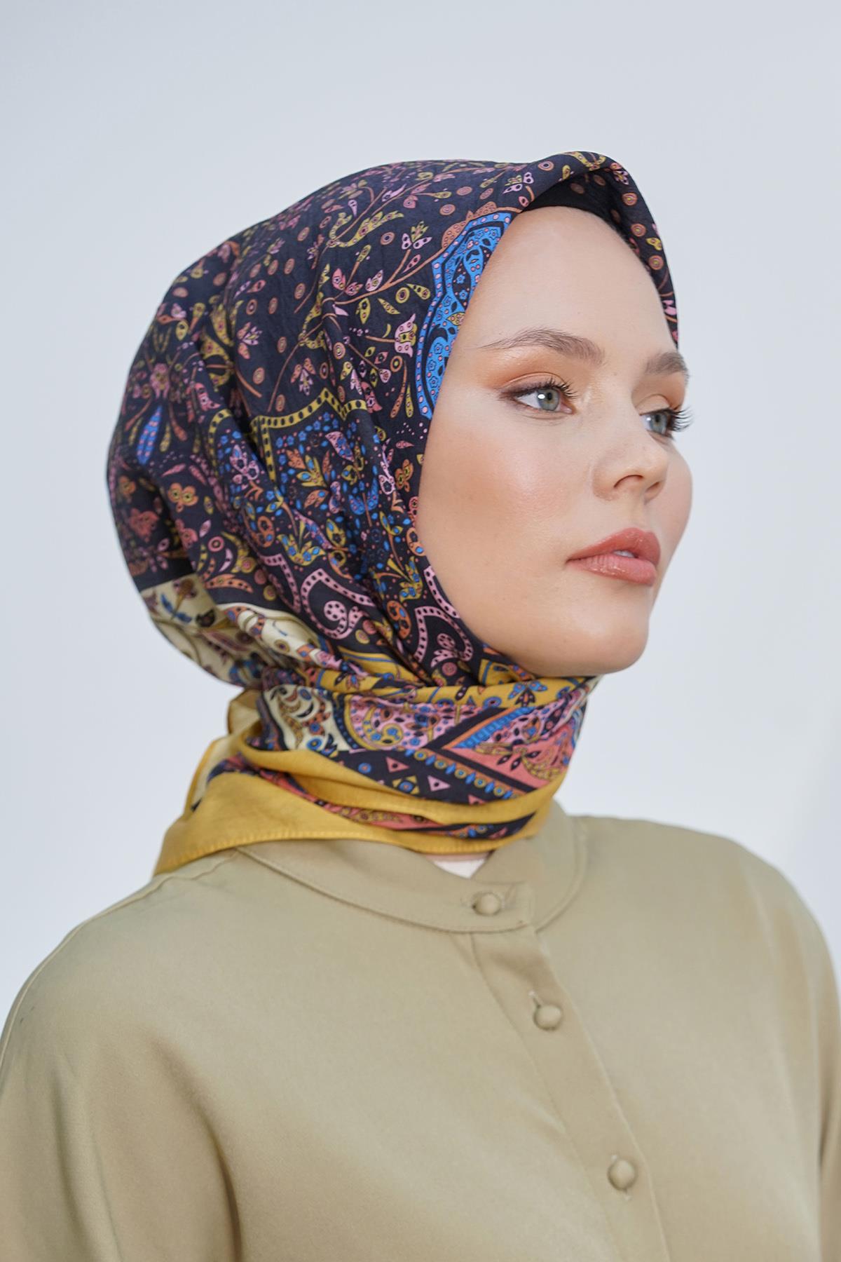 Loryan Scarf Diamond Eşarp - Diamond Harmony Black İpeksi Eşarp 4316 HARDAL