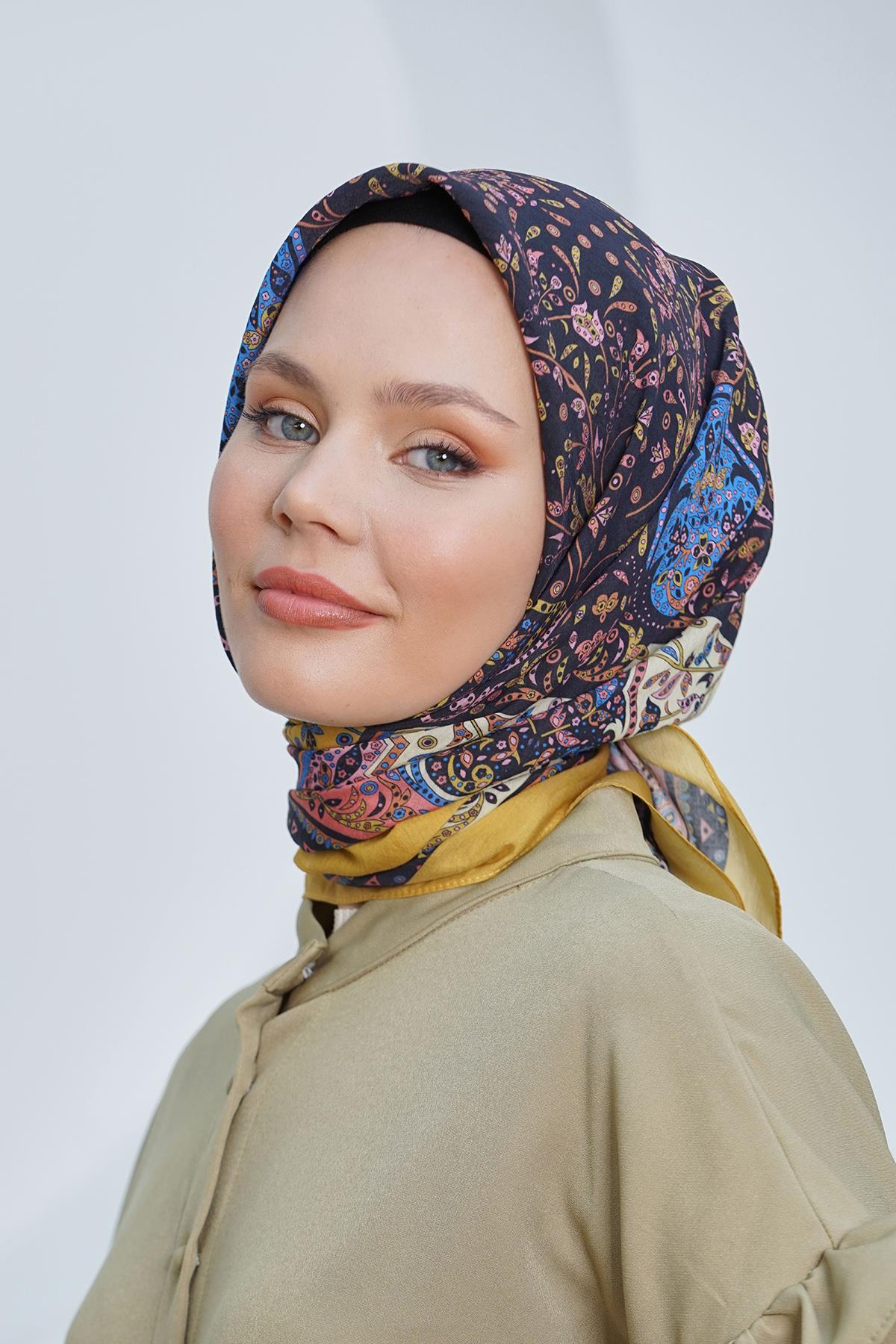 Loryan Scarf Diamond Eşarp - Diamond Harmony Black İpeksi Eşarp 4316 HARDAL