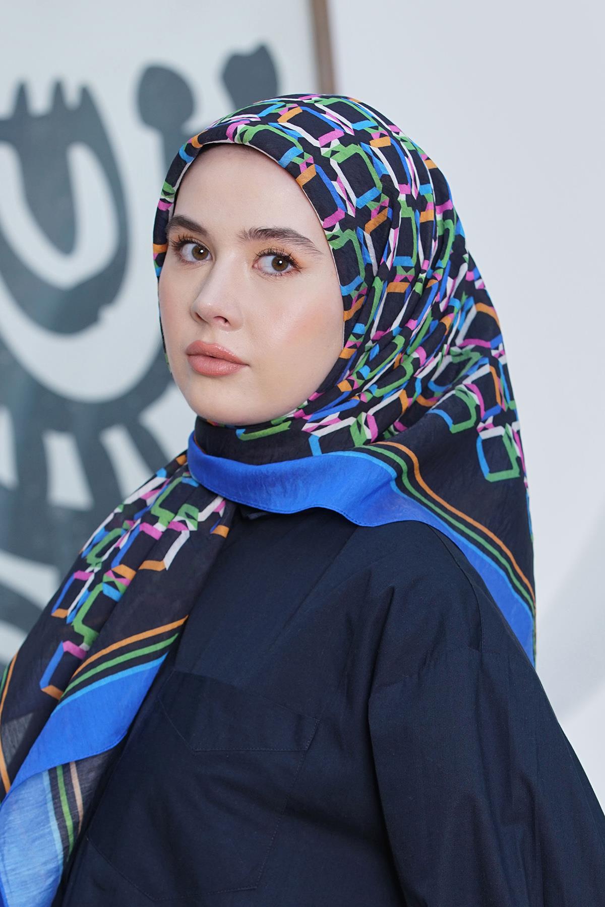 Loryan Scarf Diamond Eşarp - Diamond Plaid İpeksi Eşarp 4296 İndigo Siyah
