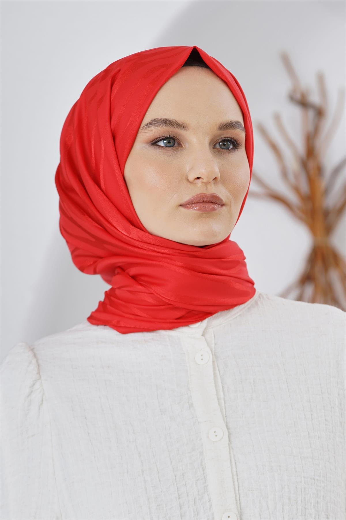 Loryan Scarf Floş Jakar Serisi Ağaç Kabuğu Desenli Şal Kırmızı