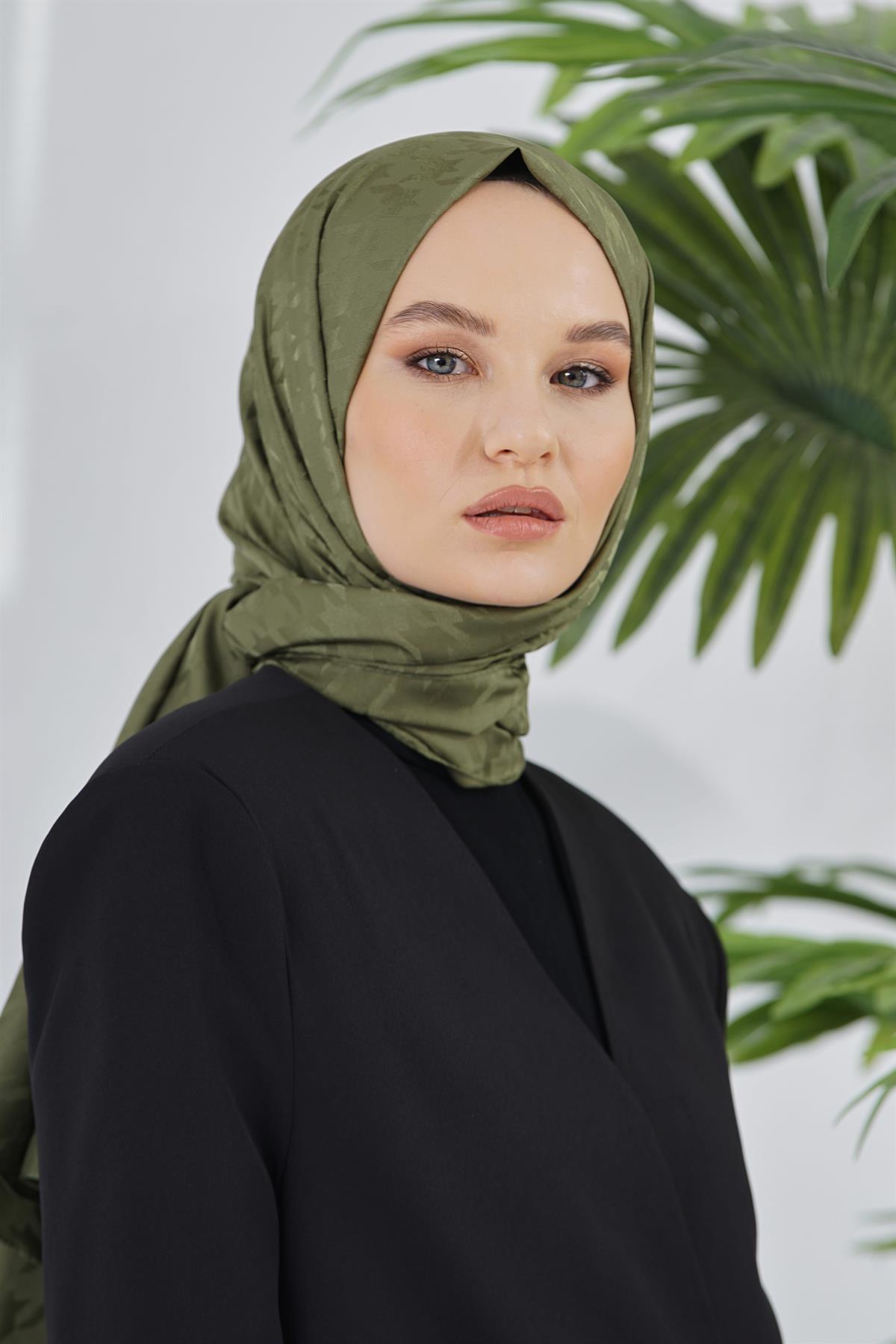 Loryan Scarf Floş Jakar Serisi Kazayağı Desenli Şal Haki
