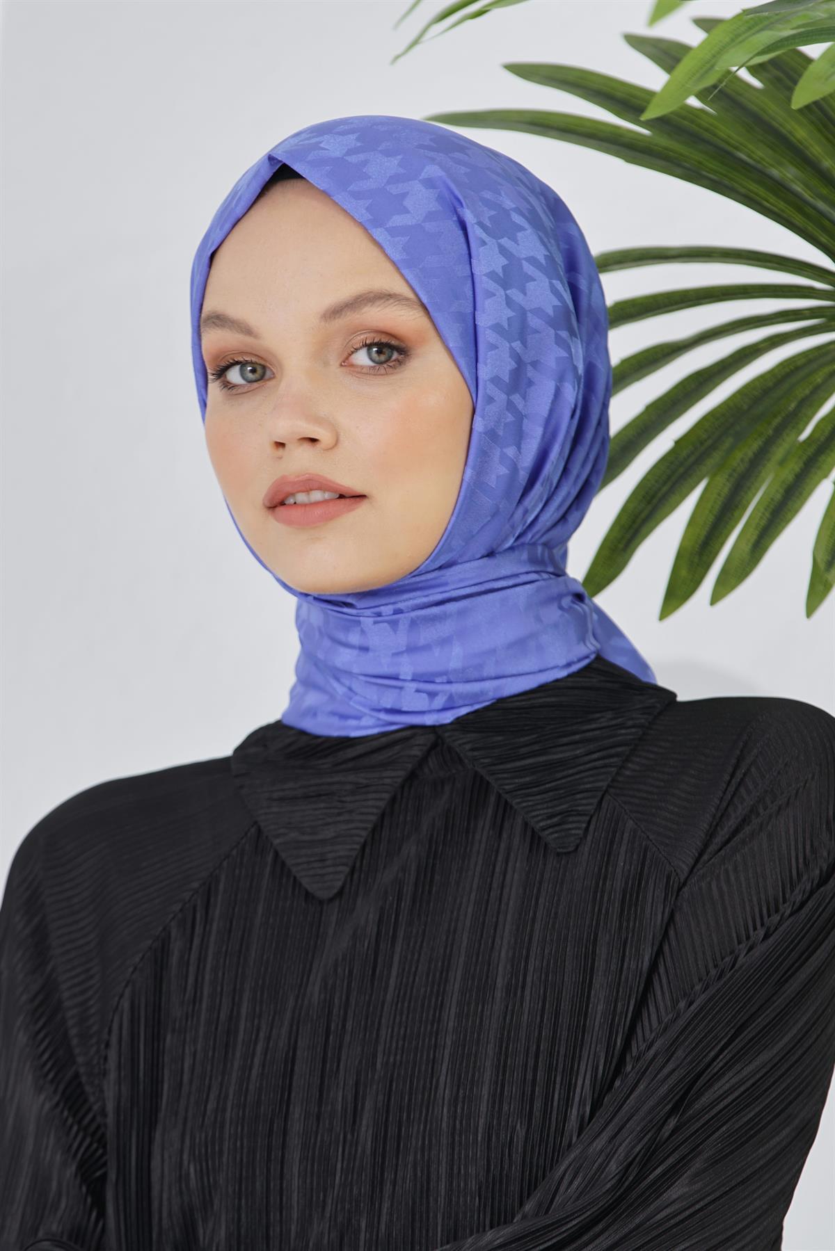 Loryan Scarf Floş Jakar Serisi Kazayağı Desenli Şal İndigo