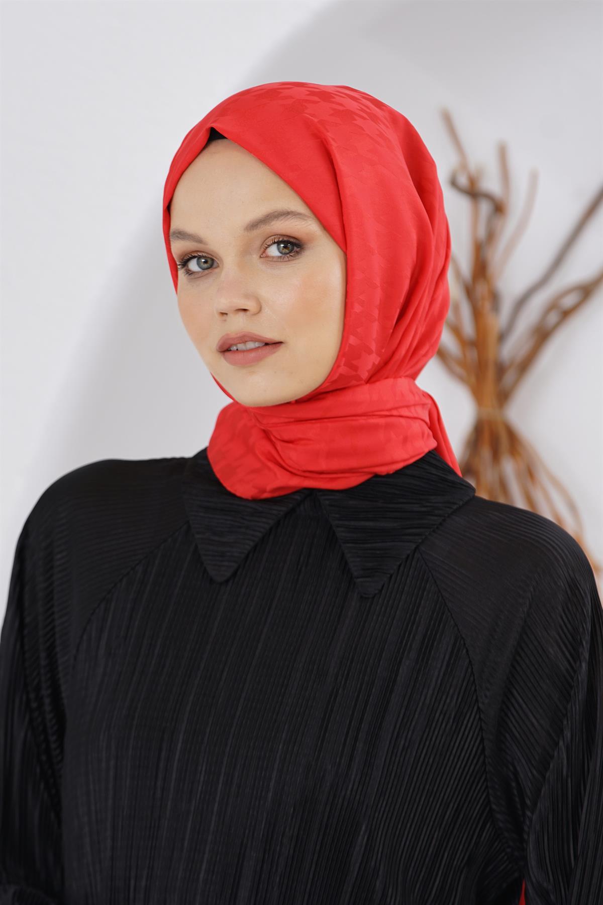 Loryan Scarf Floş Jakar Serisi Kazayağı Desenli Şal Kırmızı