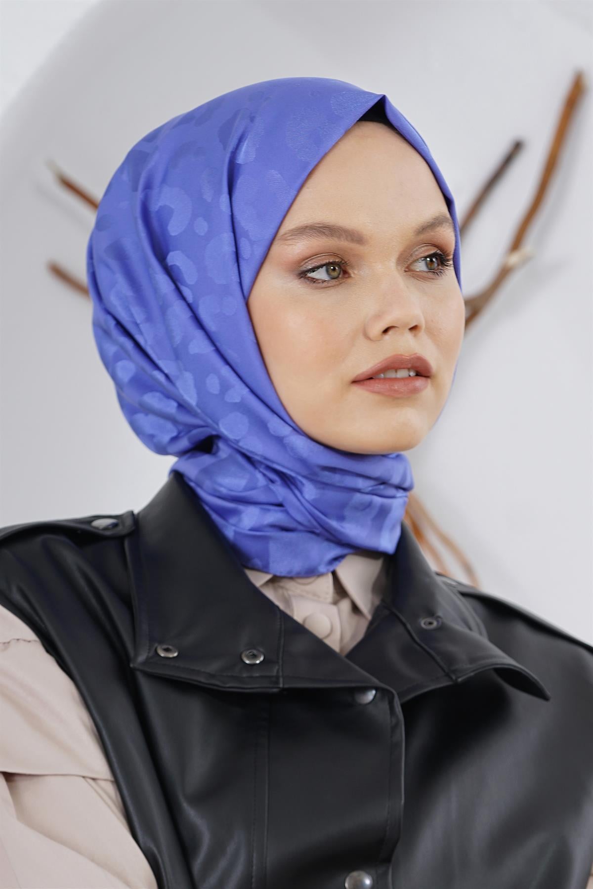 Loryan Scarf Floş Jakar Serisi Leopar Desenli Şal İndigo