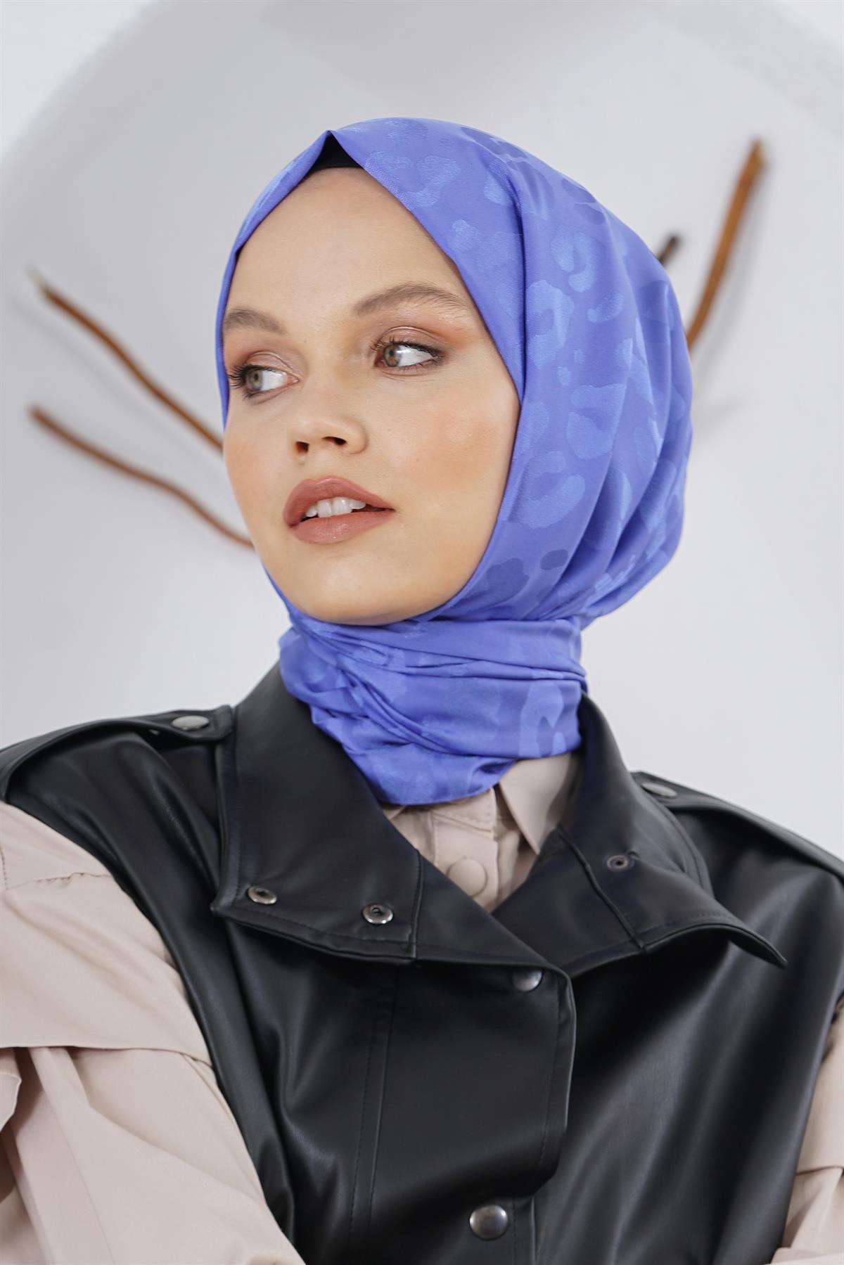Loryan Scarf Floş Jakar Serisi Leopar Desenli Şal İndigo