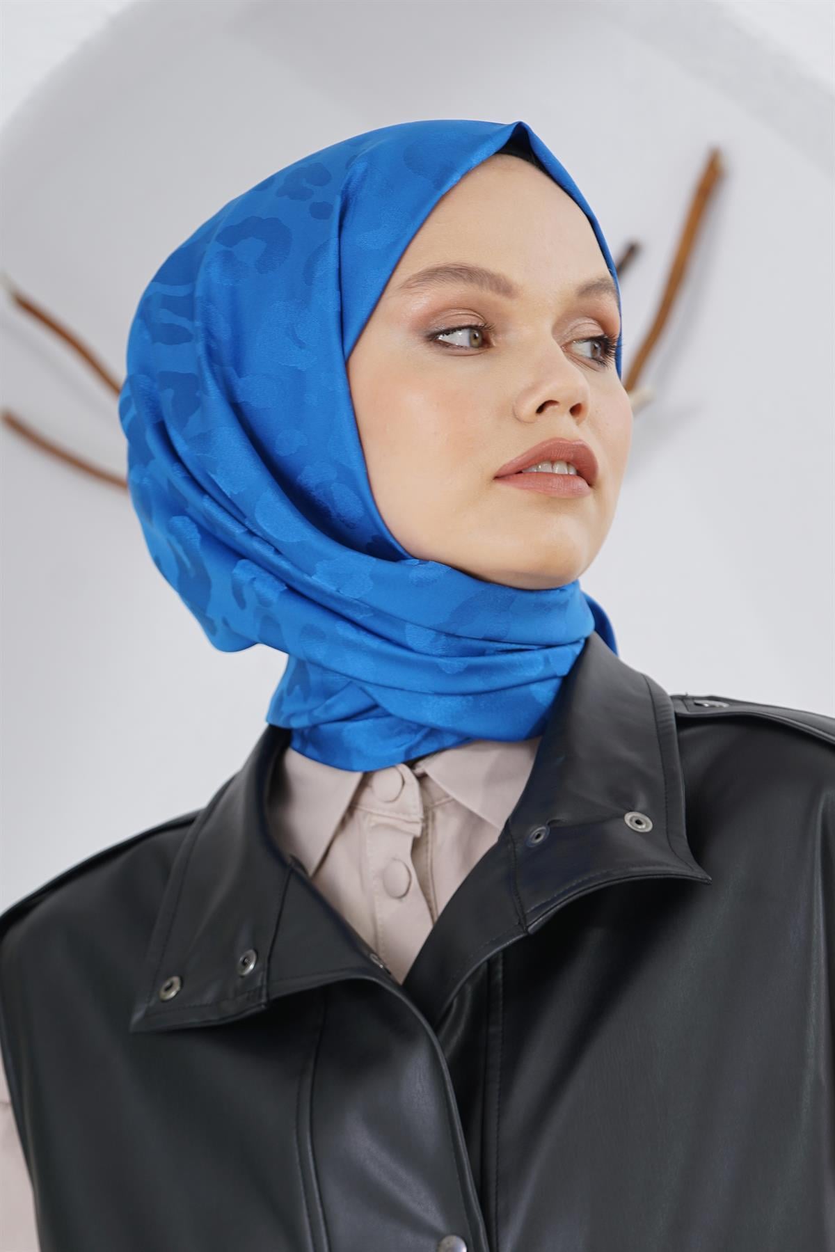 Loryan Scarf Floş Jakar Serisi Leopar Desenli Şal Saks
