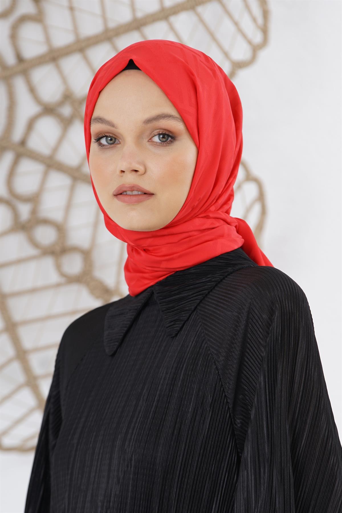 Loryan Scarf Floş Jakar Serisi Logo Desen Şal Kırmızı