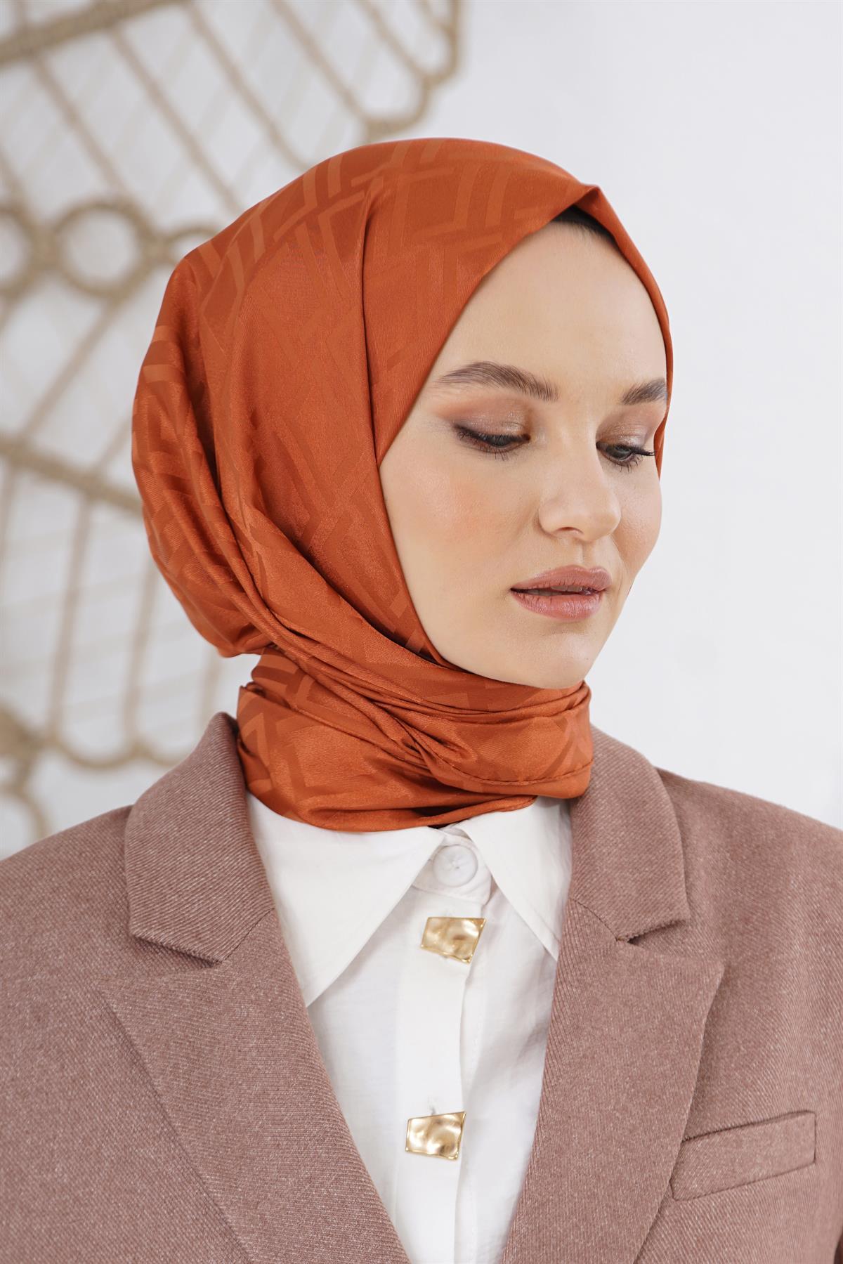 Loryan Scarf Floş Jakar Serisi Logo Desen Şal Kiremit