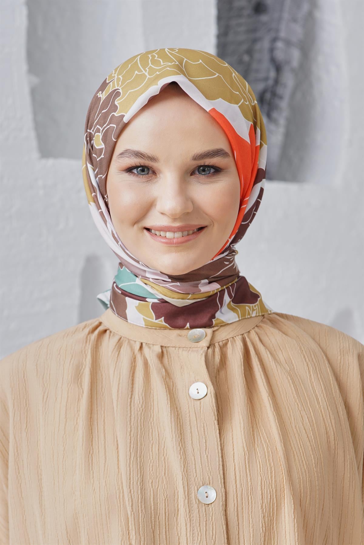 Loryan Scarf Linen Keten Karışımlı Pamuklu Rose Desenli Eşarp Kahve
