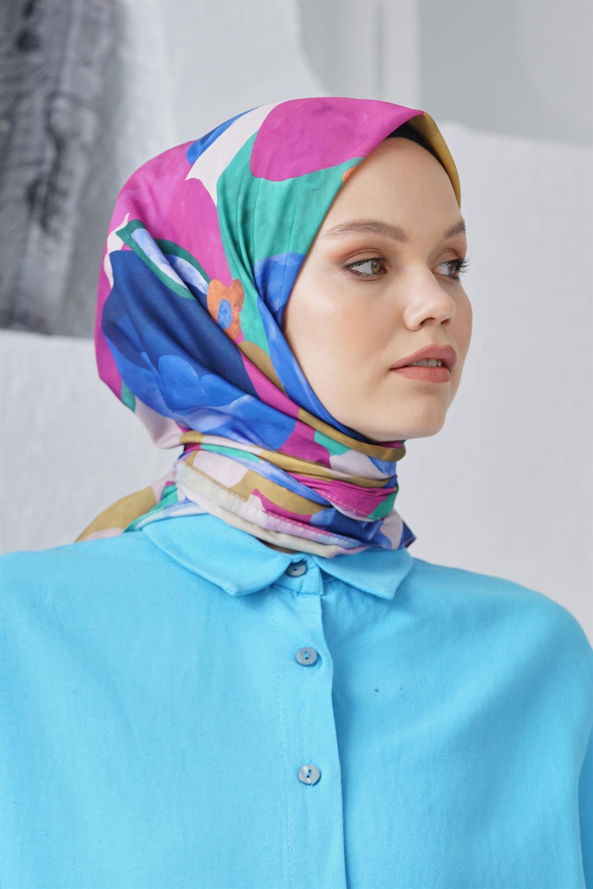 Loryan Scarf Linen Keten Karışımlı Pamuklu Sulu Boya Desenli Eşarp Şeker Pembe