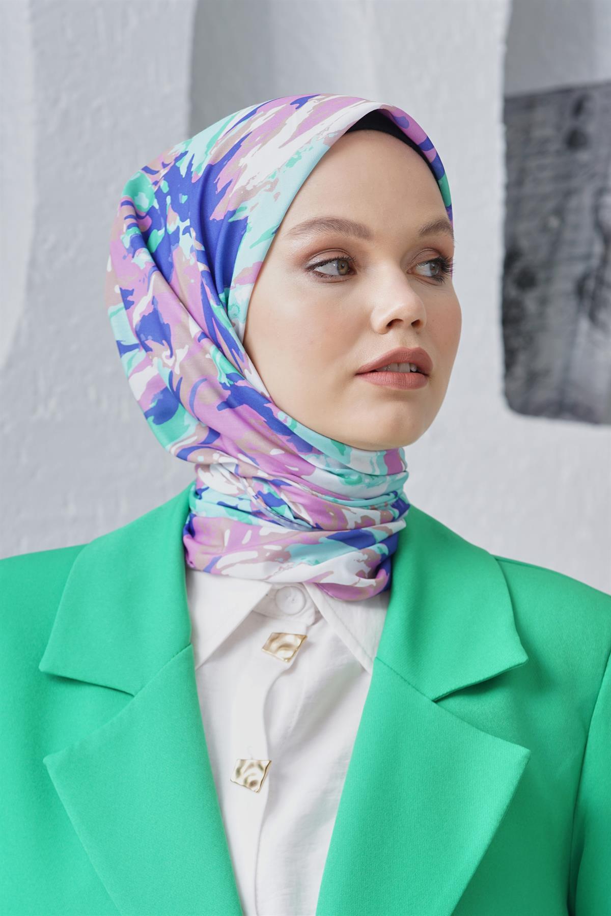 Loryan Scarf Linen Keten Karışımlı Pamuklu Zambak Desenli Eşarp Mavi
