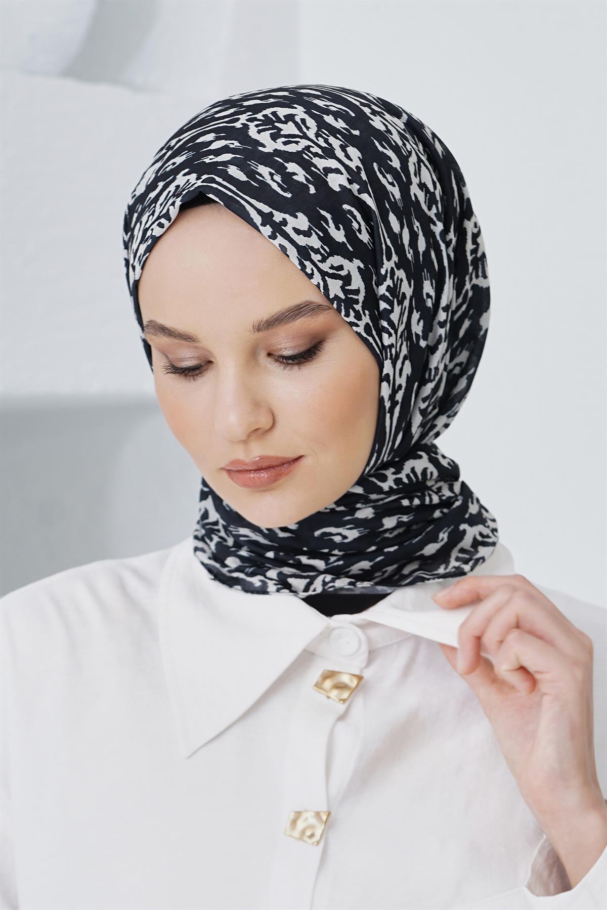 Loryan Scarf Linen Keten Karışımlı Pamuklu Çini Desenli Şal Siyah