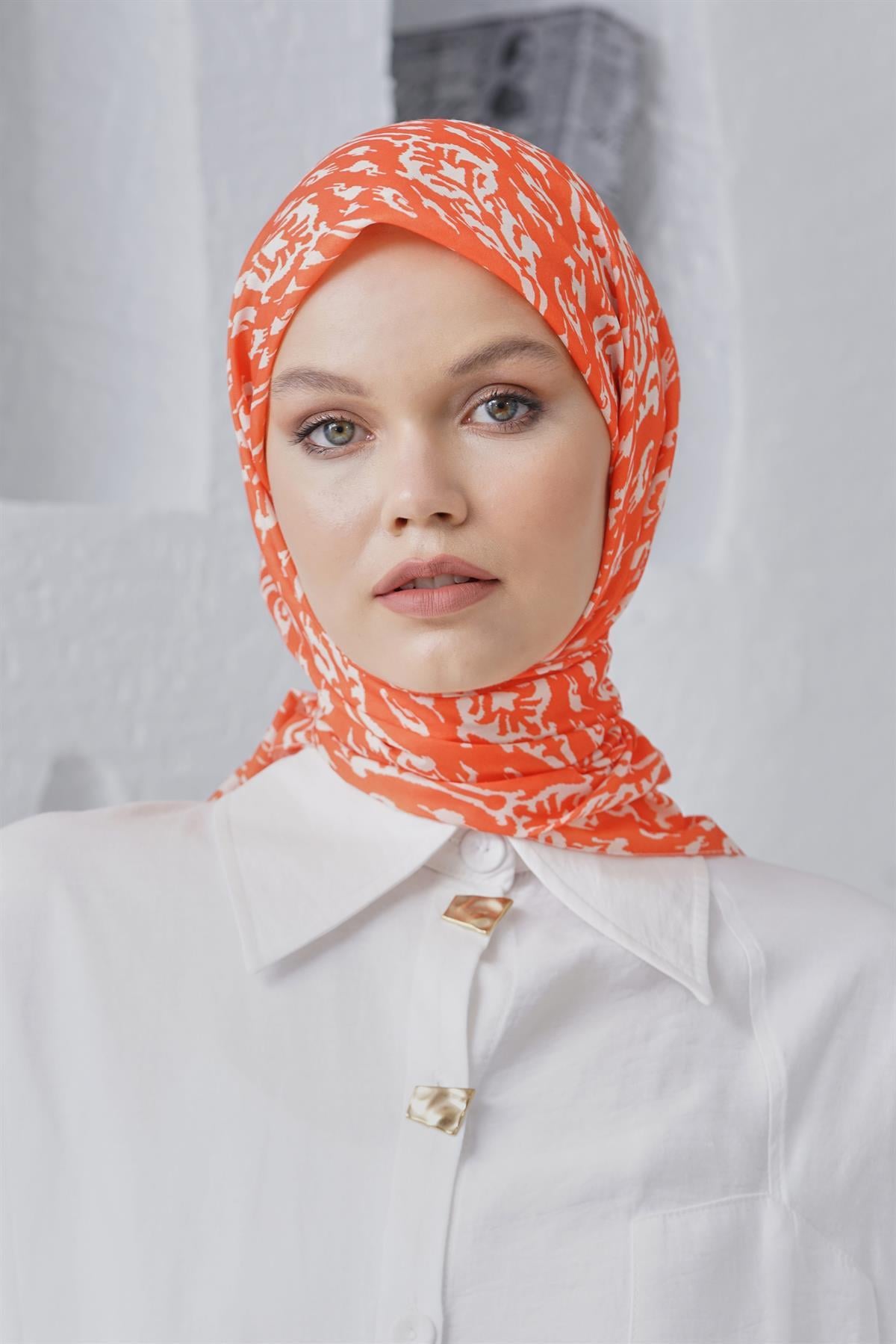 Loryan Scarf Linen Keten Karışımlı Pamuklu Çini Desenli Eşarp Orange
