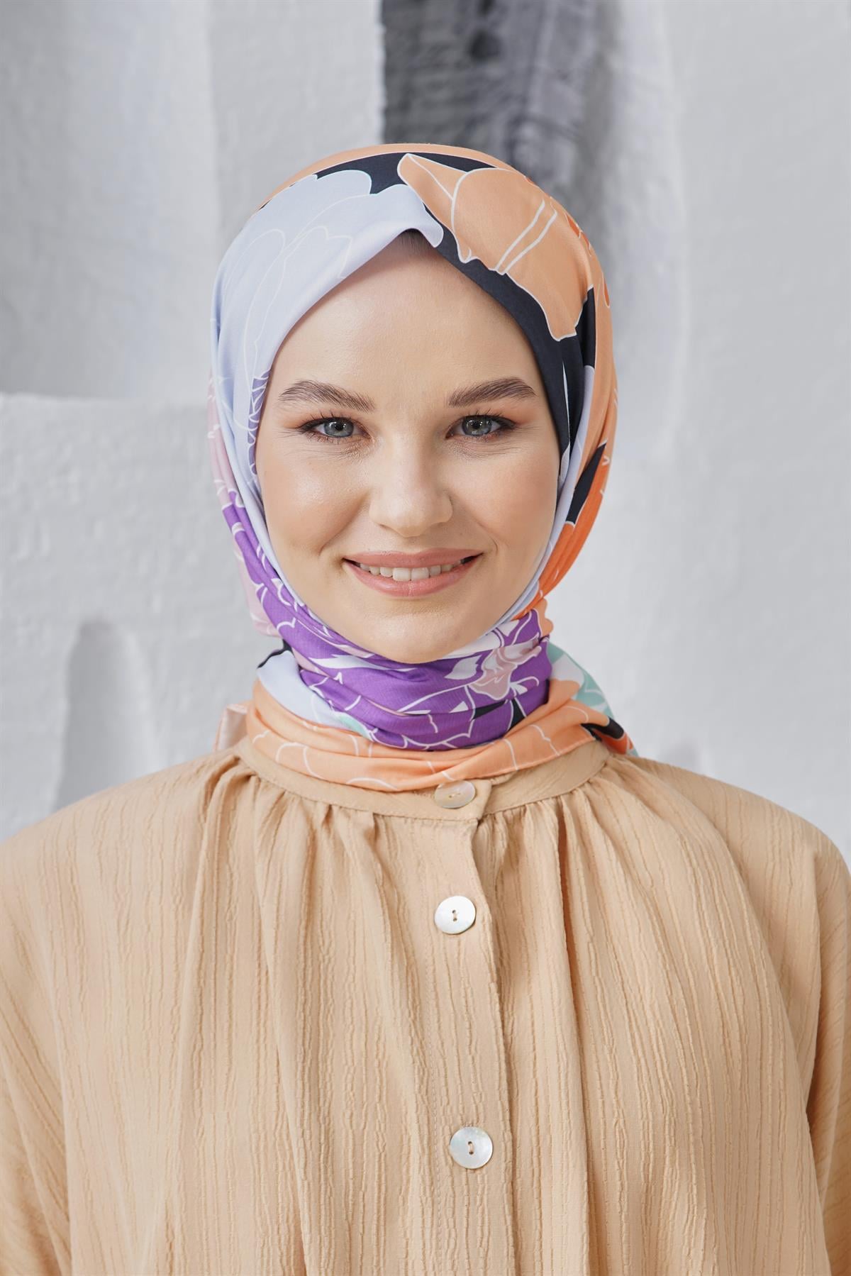 Loryan Scarf Linen Keten Karışımlı Pamuklu Rose Desenli Eşarp Somon
