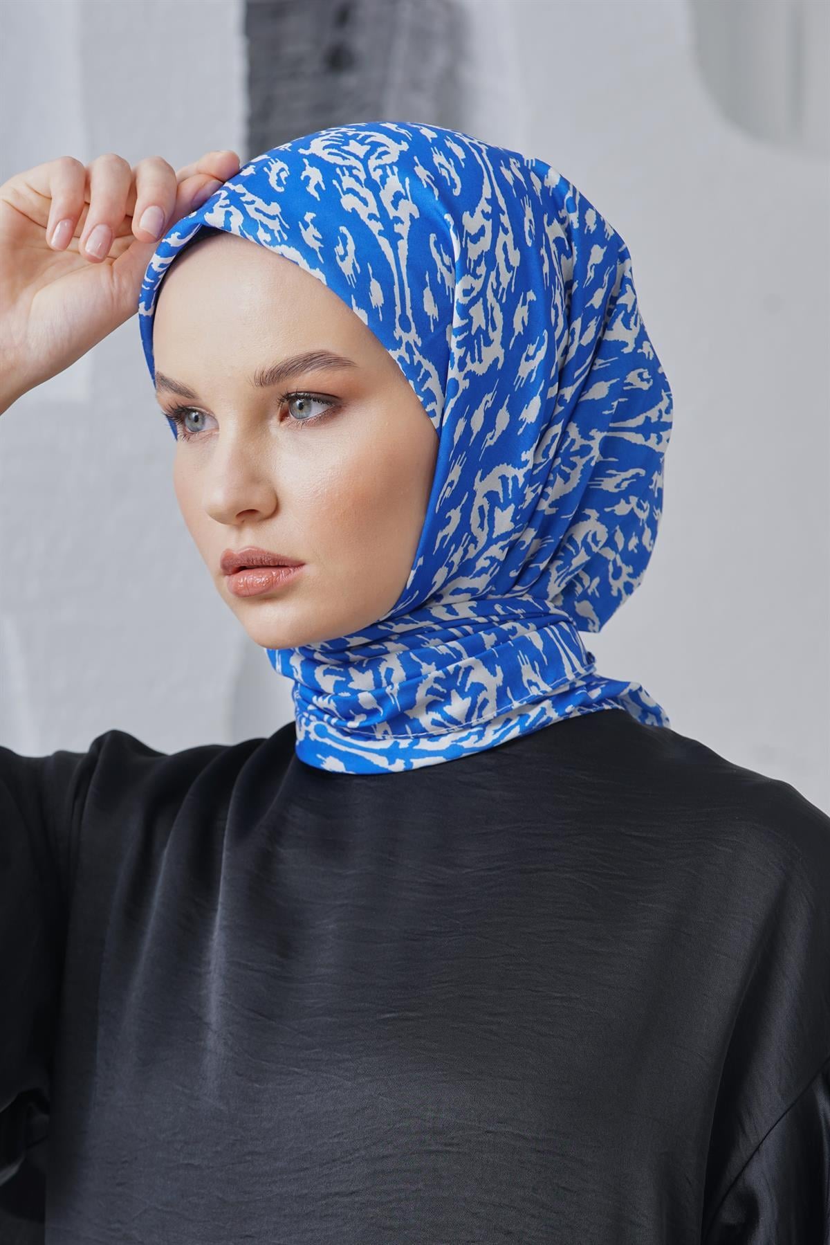 Loryan Scarf Linen Keten Karışımlı Pamuklu Çini Desenli Eşarp Saks