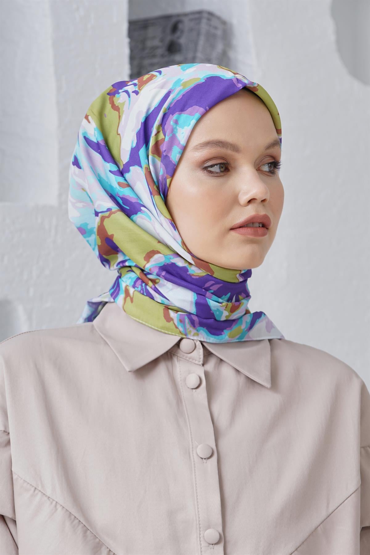 Loryan Scarf Linen Keten Karışımlı Pamuklu Zambak Desenli Eşarp Fıstık Yeşili
