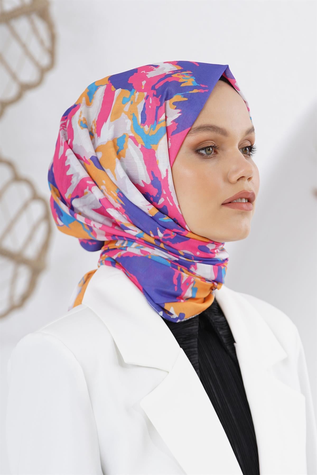 Loryan Scarf Linen Keten Karışımlı Pamuklu Zambak Desenli Şal Fuşya