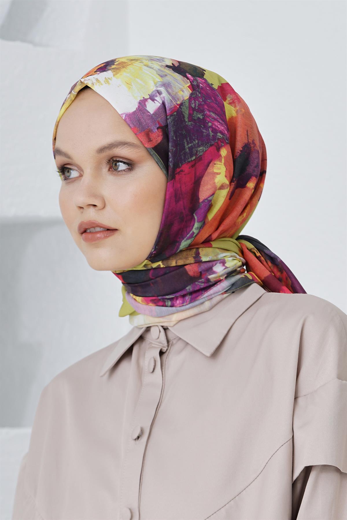 Loryan Scarf Linen Keten Karışımlı Pamuklu Peony Desenli Eşarp Fıstık Yeşili
