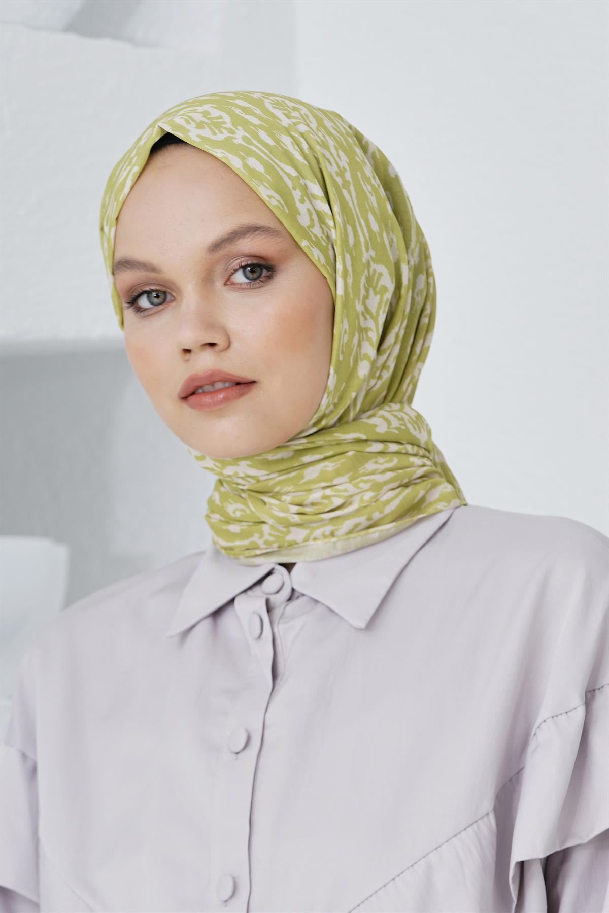 Loryan Scarf Linen Keten Karışımlı Pamuklu Çini Desenli Şal Fıstık Yeşili