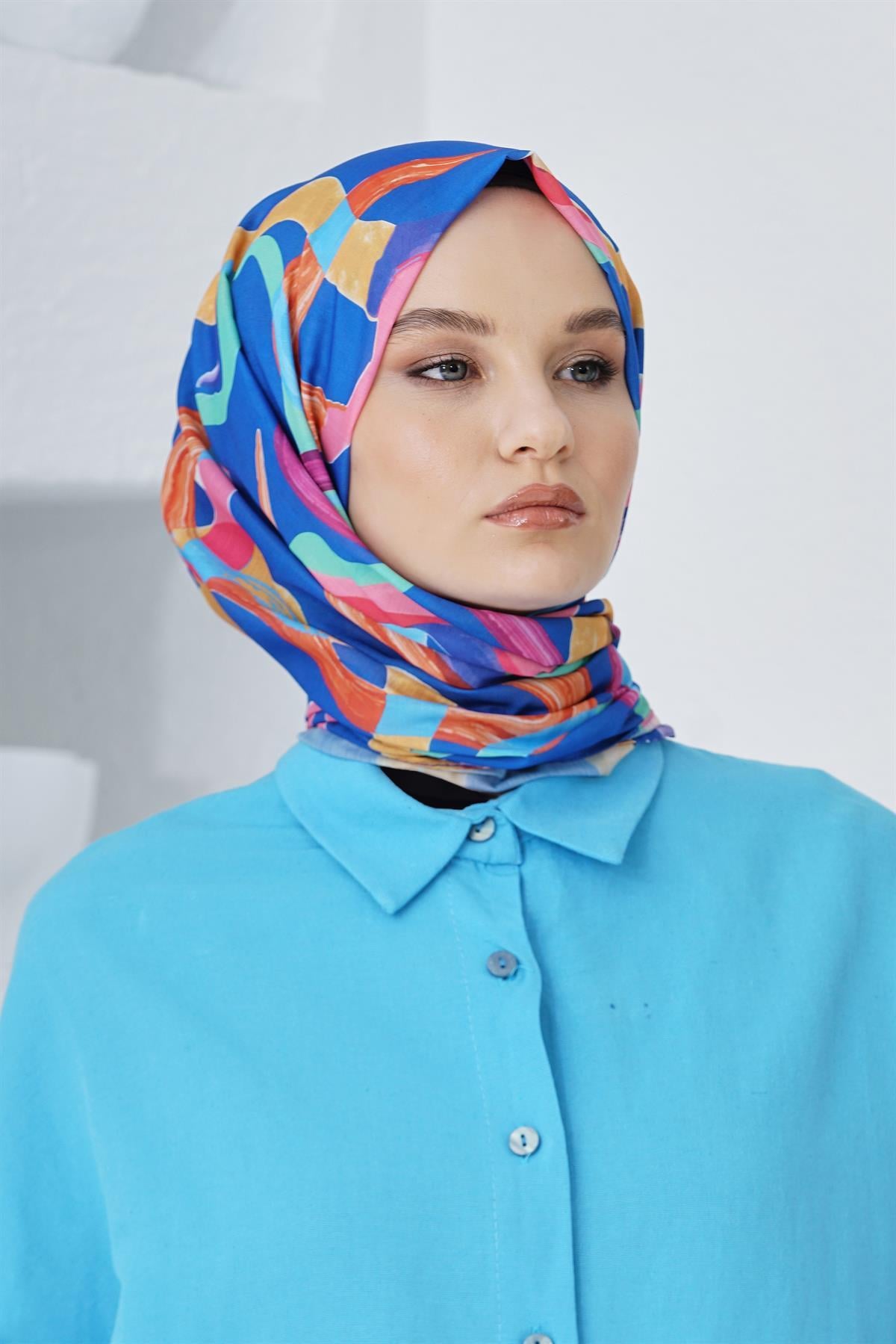 Loryan Scarf Linen Keten Karışımlı Pamuklu Confetti Desenli Şal Saks