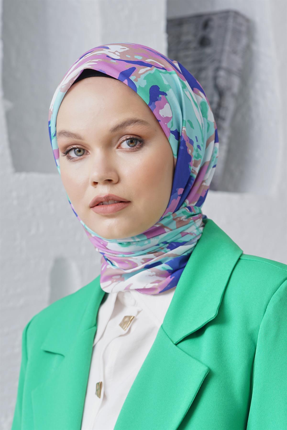 Loryan Scarf Linen Keten Karışımlı Pamuklu Zambak Desenli Eşarp Mavi