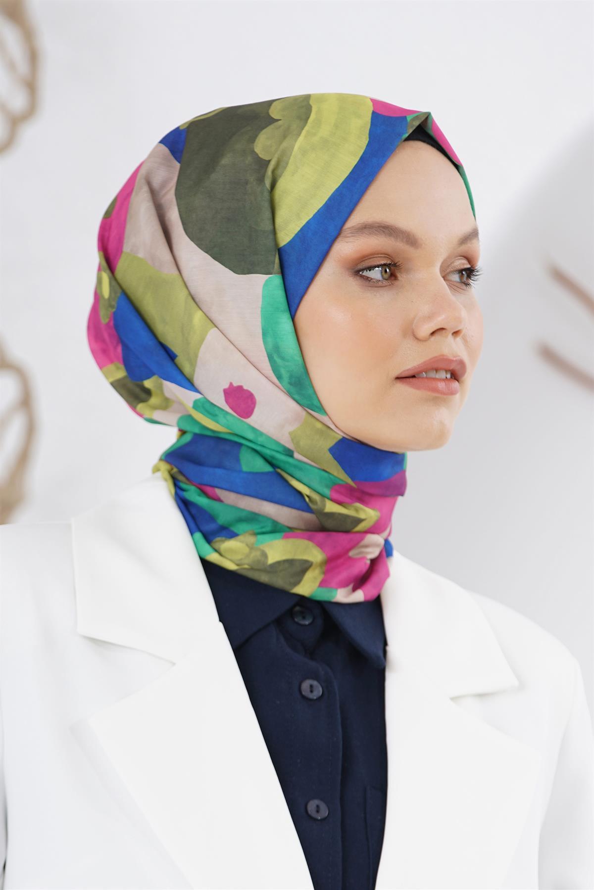 Loryan Scarf Linen Keten Karışımlı Pamuklu Sulu Boya Desenli Şal Yeşil