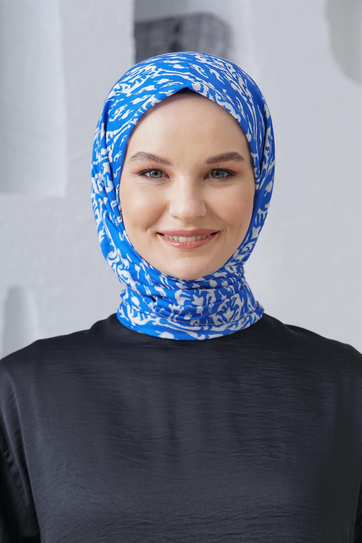 Loryan Scarf Linen Keten Karışımlı Pamuklu Çini Desenli Eşarp Saks