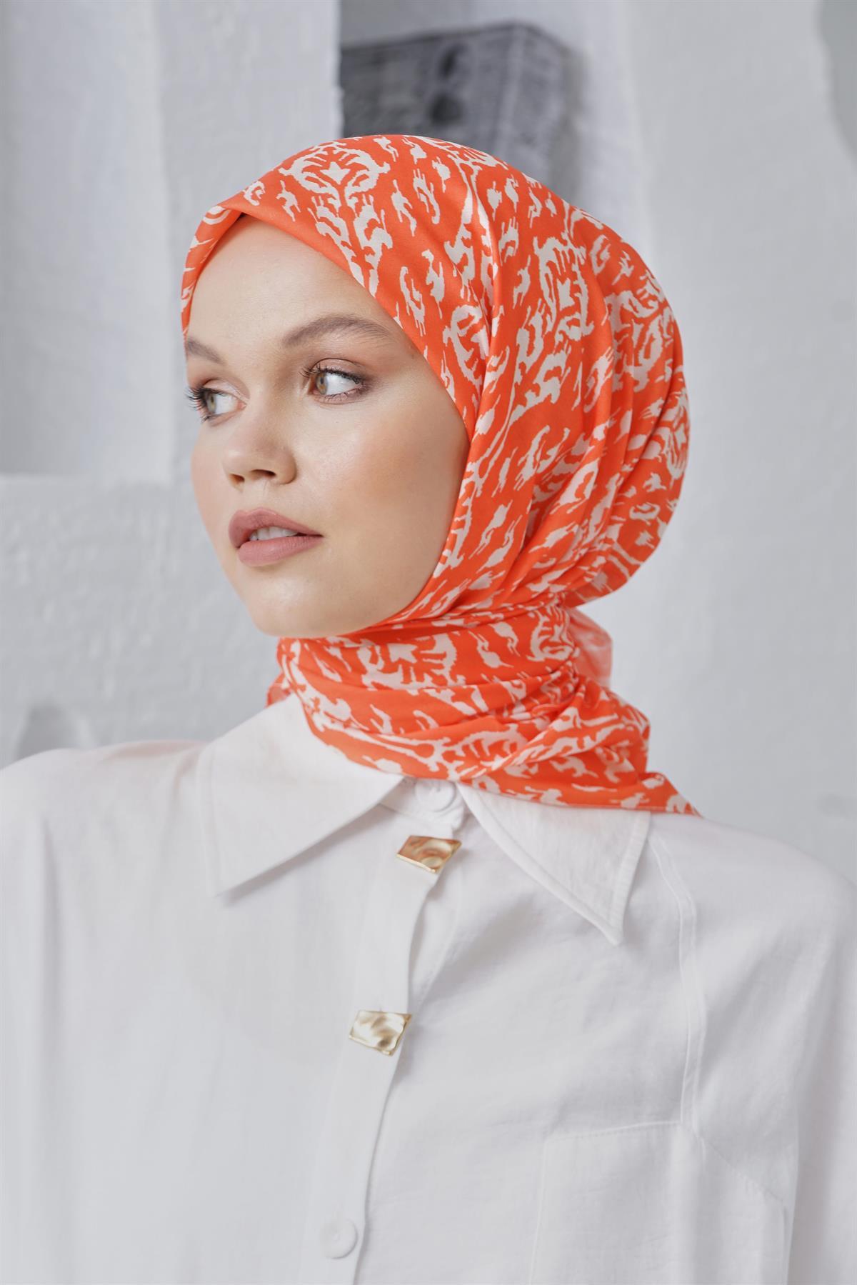 Loryan Scarf Linen Keten Karışımlı Pamuklu Çini Desenli Eşarp Orange