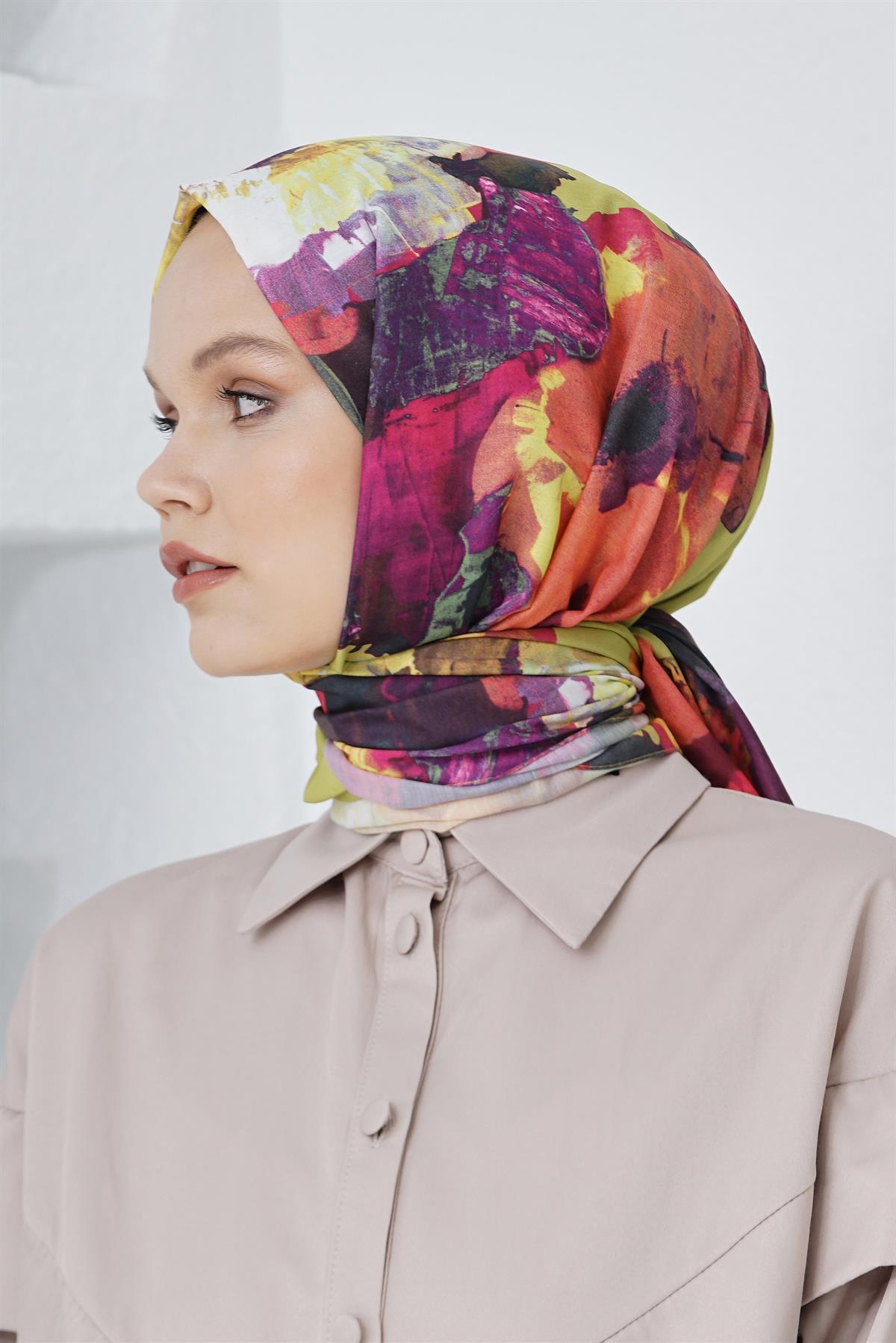 Loryan Scarf Linen Keten Karışımlı Pamuklu Peony Desenli Eşarp Fıstık Yeşili