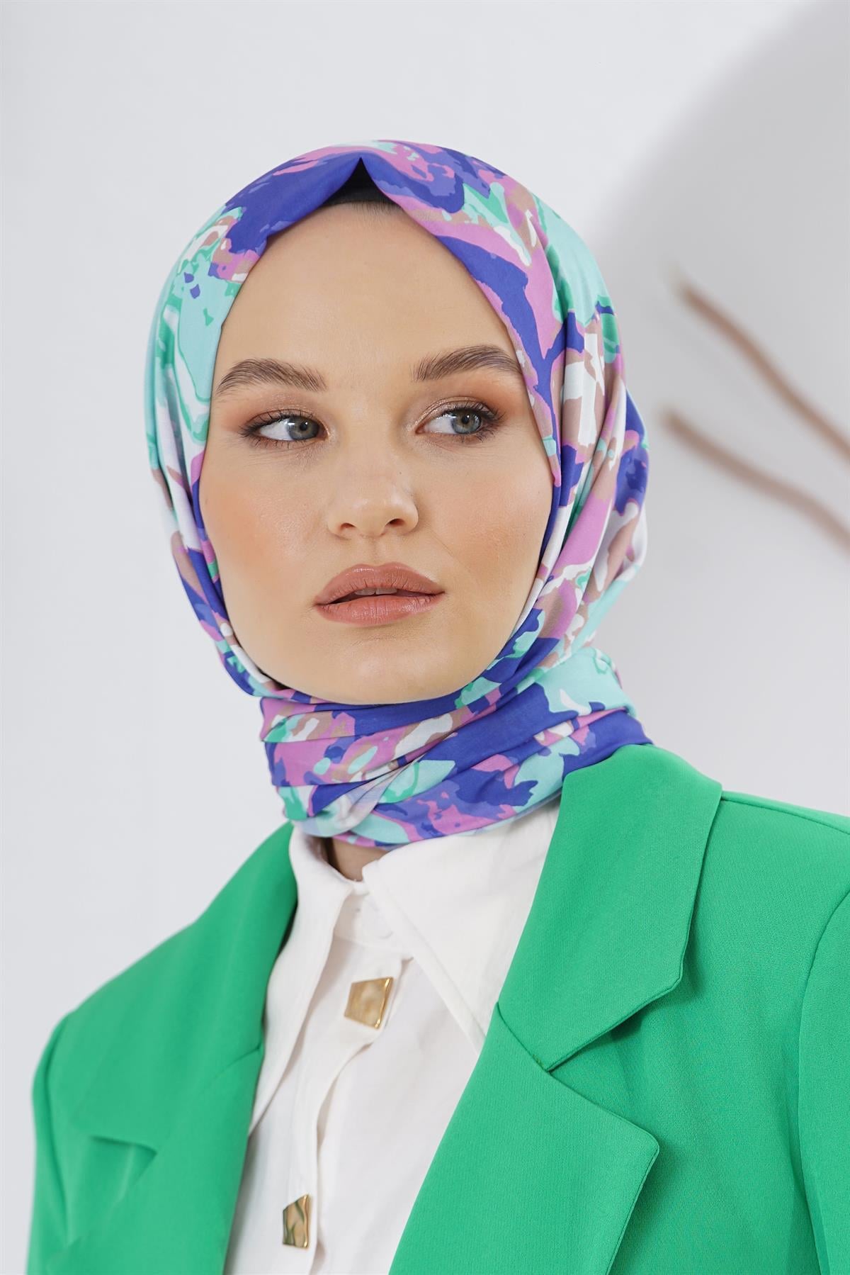 Loryan Scarf Linen Keten Karışımlı Pamuklu Zambak Desenli Şal Mavi