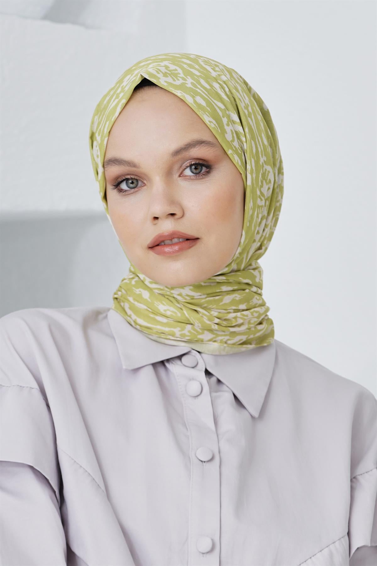 Loryan Scarf Linen Keten Karışımlı Pamuklu Çini Desenli Şal Fıstık Yeşili