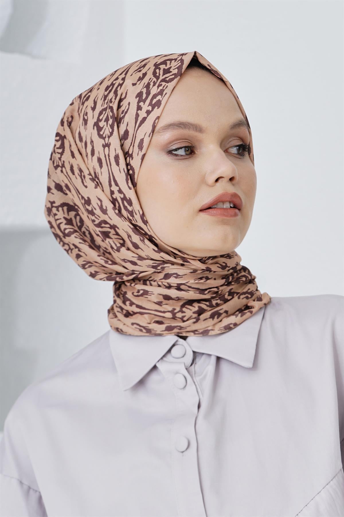Loryan Scarf Linen Keten Karışımlı Pamuklu Çini Desenli Şal Karamel