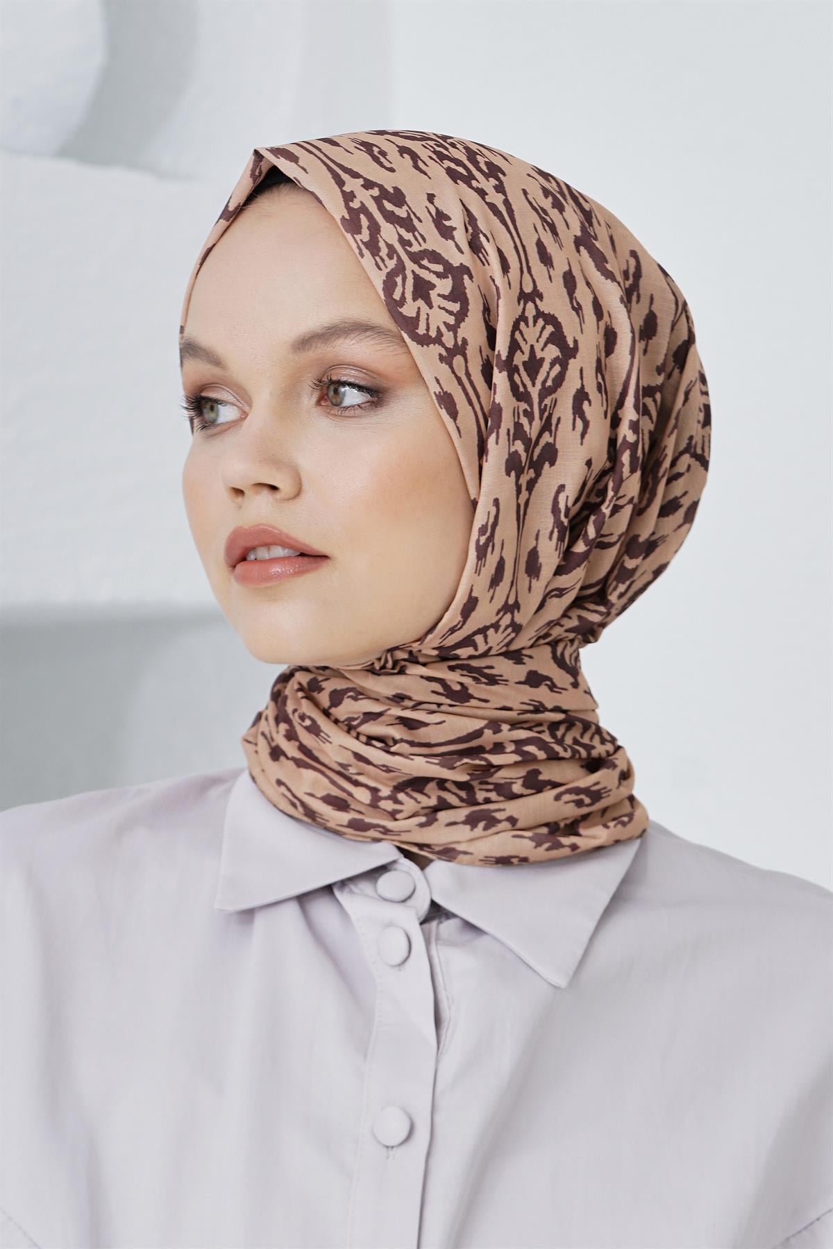 Loryan Scarf Linen Keten Karışımlı Pamuklu Çini Desenli Şal Karamel