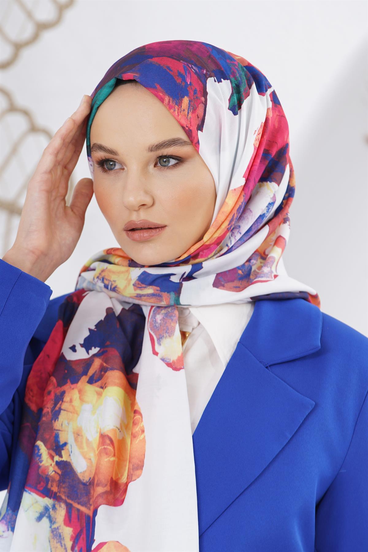 Loryan Scarf Linen Keten Karışımlı Pamuklu Peony Desenli Şal Fuşya