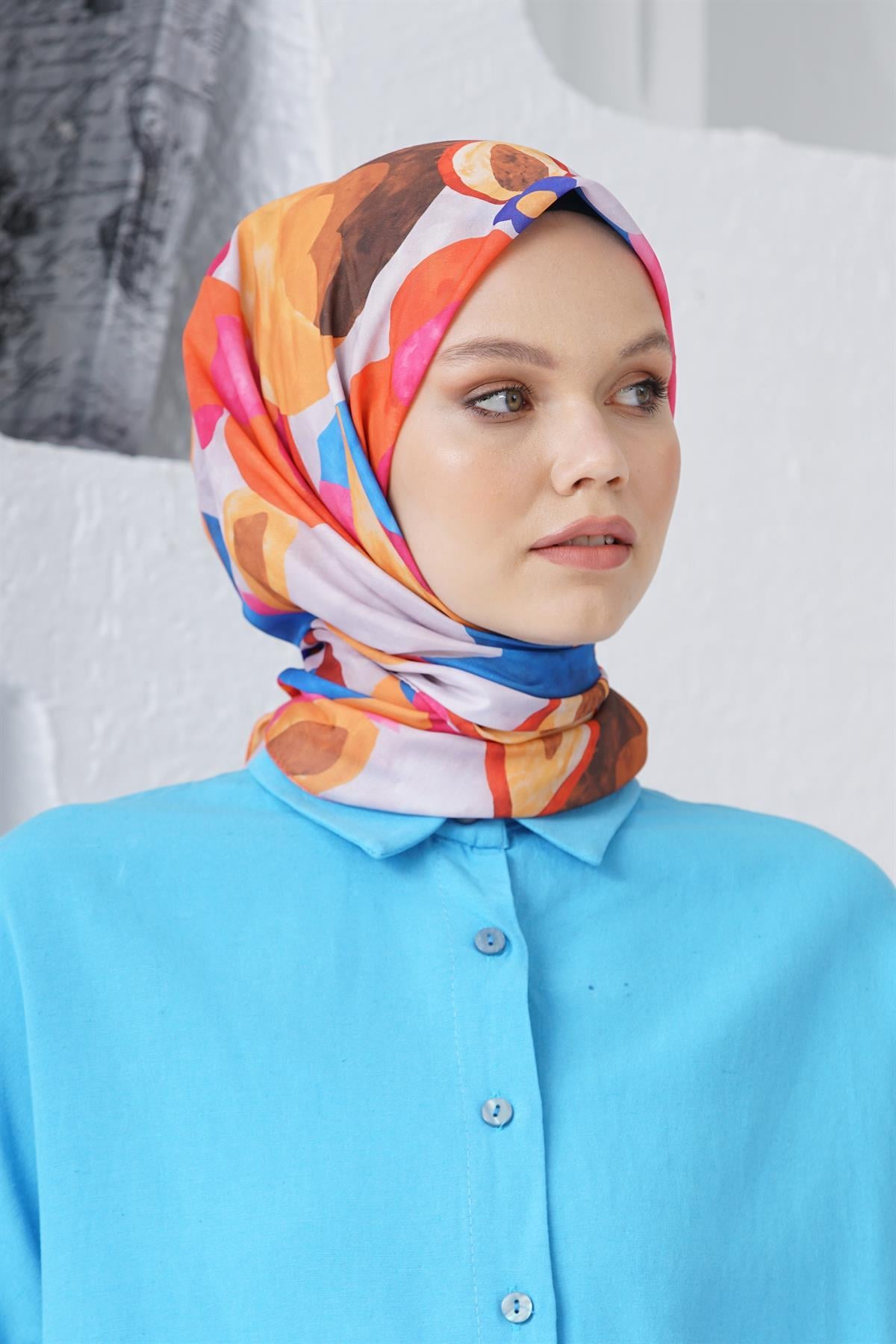 Loryan Scarf Linen Keten Karışımlı Pamuklu Sulu Boya Desenli Eşarp Fuşya