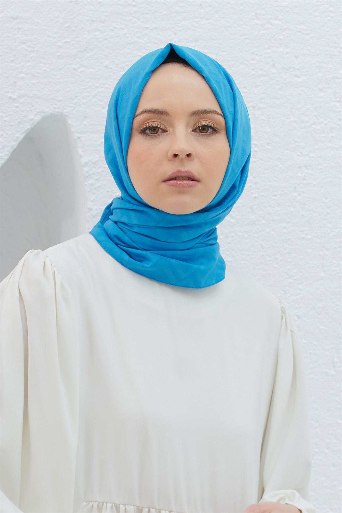 Loryan Scarf Logo Desen, Jakarlı Pamuklu Şal Mavi