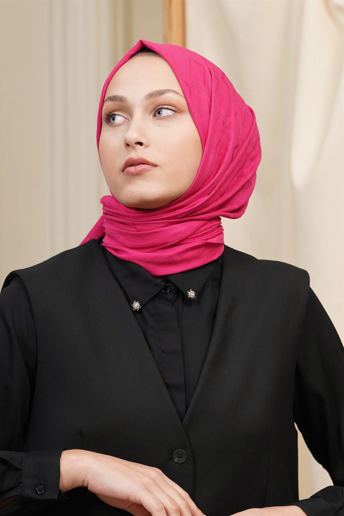 Loryan Scarf Logo Desen, Jakarlı Pamuklu Şal Fuşya