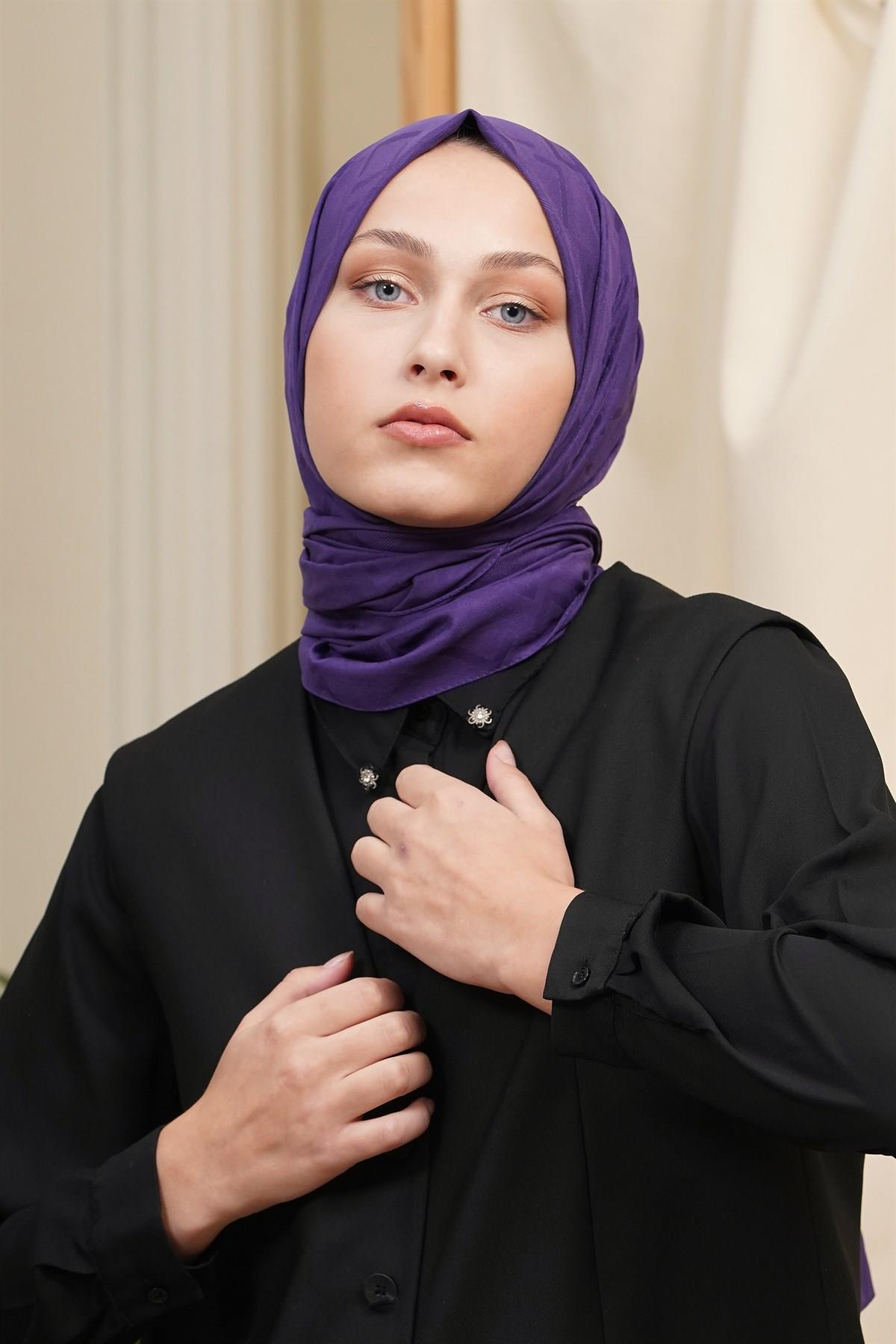 Loryan Scarf Logo Desen, Jakarlı Pamuklu Şal Mürdüm