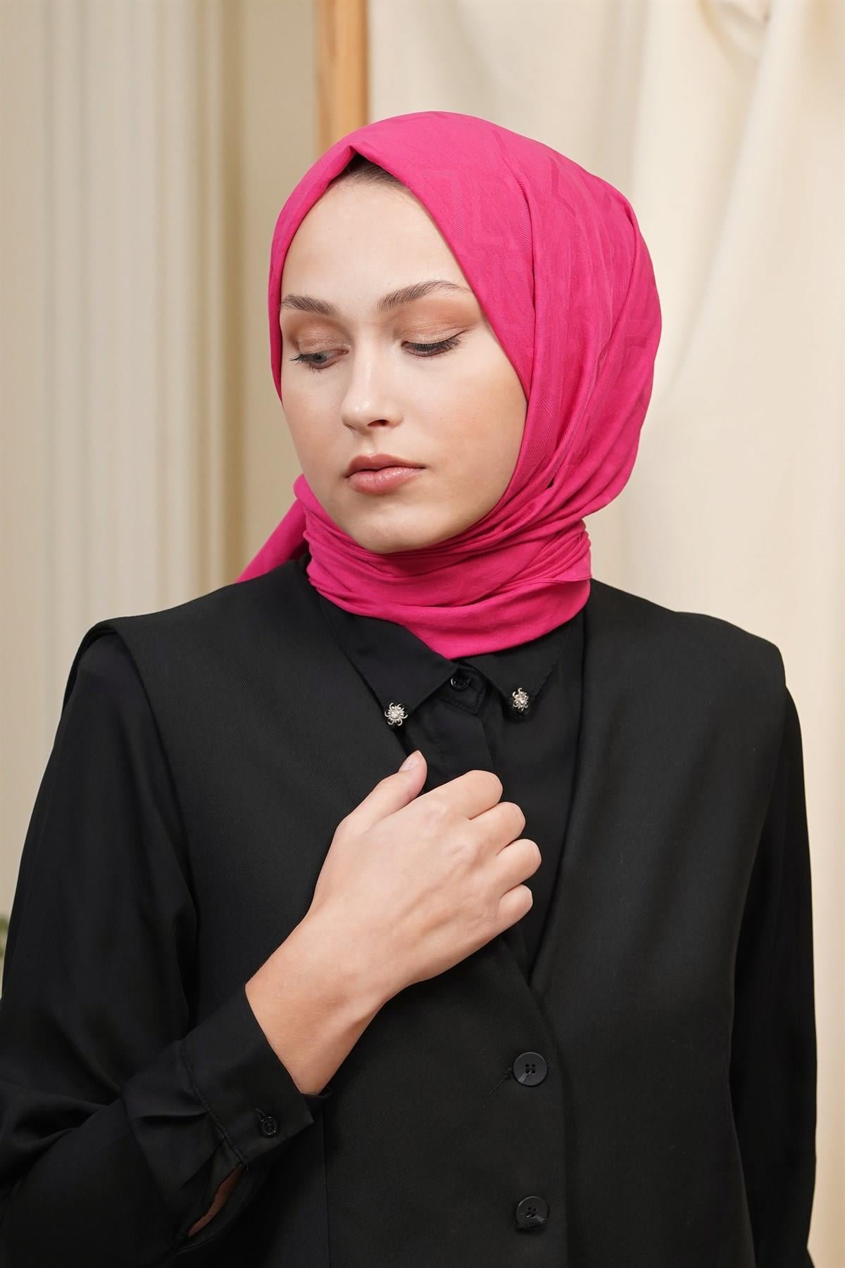 Loryan Scarf Logo Desen, Jakarlı Pamuklu Şal Fuşya