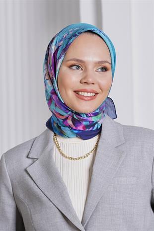 Loryan Scarf Diamond Eşarp - Diamond Flor İpeksi Eşarp 4297 Lacivert Turkuaz