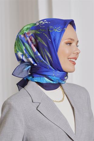 Loryan Scarf Diamond Eşarp - Diamond Flor İpeksi Eşarp 4297 Lacivert Saks