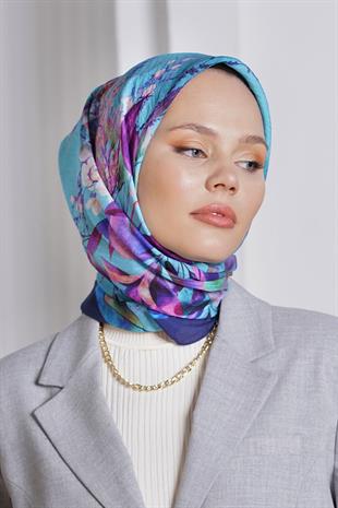 Loryan Scarf Diamond Eşarp - Diamond Flor İpeksi Eşarp 4297 Lacivert Turkuaz