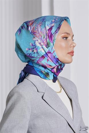 Loryan Scarf Diamond Eşarp - Diamond Flor İpeksi Eşarp 4297 Lacivert Turkuaz