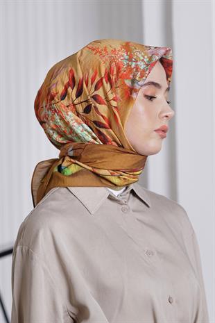 Loryan Scarf Diamond Eşarp - Diamond Flor İpeksi Eşarp 4297 Hardal