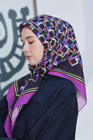 Loryan Scarf Diamond Eşarp - Diamond Plaid İpeksi Eşarp 4296 Mürdüm Siyah