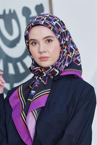 Loryan Scarf Diamond Eşarp - Diamond Plaid İpeksi Eşarp 4296 Mürdüm Siyah