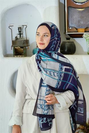 Loryan Scarf Dıamond  Ekose Zincir Şal - Koyu Lacivert
