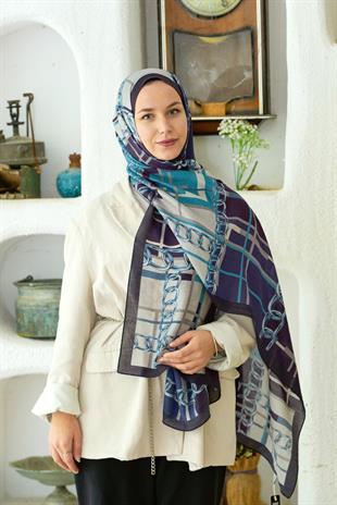 Loryan Scarf Dıamond  Ekose Zincir Şal - Koyu Lacivert