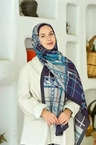Loryan Scarf Dıamond  Ekose Zincir Şal - Koyu Lacivert